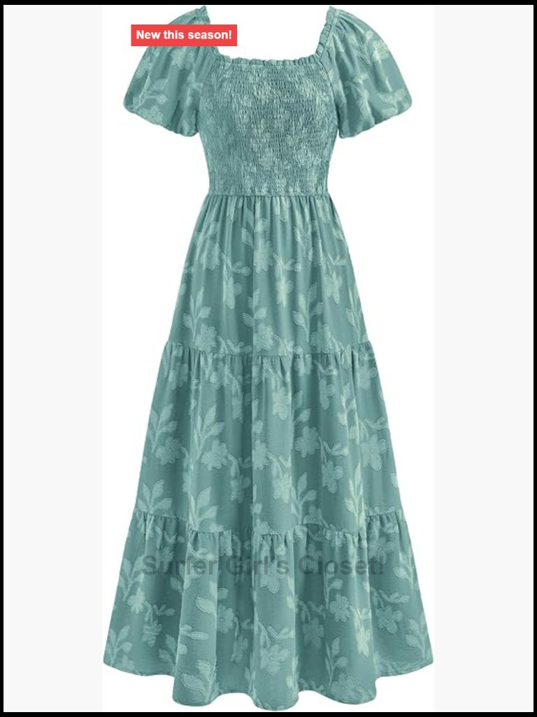 Boho Maxi Dress Square Neck Short Sleeve Smocked Flowy Tiered Ruffle